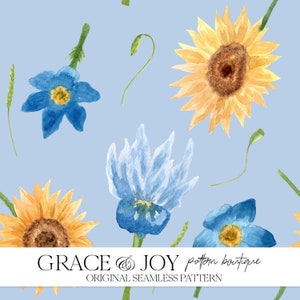 Impressão floral com design da Ucrânia: padrão sem emenda de flores azuis, tema amarelo, arte decorativa - download digital, impressão sob demanda, decoração de casa
