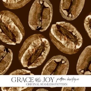 May include: A repeating pattern of watercolor coffee beans in brown and beige hues against a dark brown backdrop. The image includes the text "GRACE & JOY pattern boutique" and "ORIGINAL SEAMLESS PATTERN" at the bottom of the image.