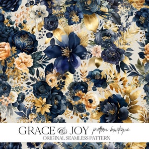 Blau und Gold Boho Blumen Musterdesign: Boho-Stil, Blumenmotiv, elegantes und schönes Muster, kommerzielle Nutzung, digitaler Download