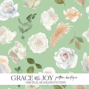 Padrão sem emenda de casamento de rosas brancas fofas: Decoração de noiva elegante Flora - Rose Artistry Love Blooms Download digital para impressão sob demanda