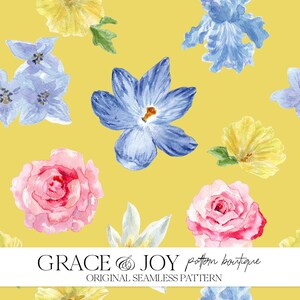 Rosa, Blau, Gelb, Blumen, Seamless, Muster, Blumenmuster, Blumenmuster, Lebendige Farben, Textildruck, Gartenmotiv, Frühlingsthema, Moderner Stil, Dekorwand