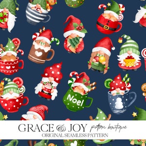 Christmas Gnome Seamless Pattern - Santa Gnome, Winter Gnome, Nordic Gnome - Digital Download for Print on Demand, Commercial Use Pattern