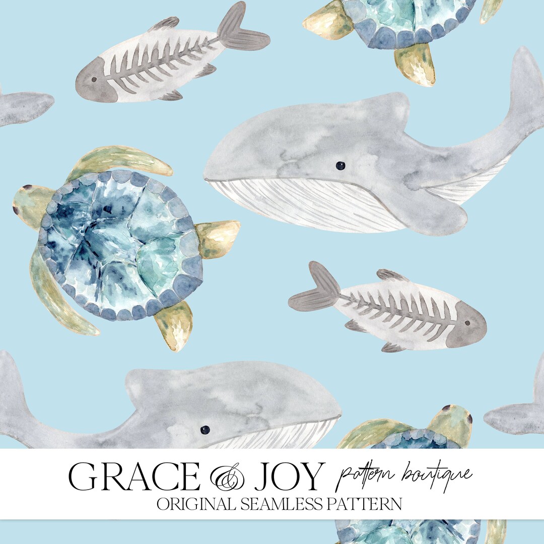 Sea Creatures Turtle Whale Fish Seamless Pattern - Commercial Use ...