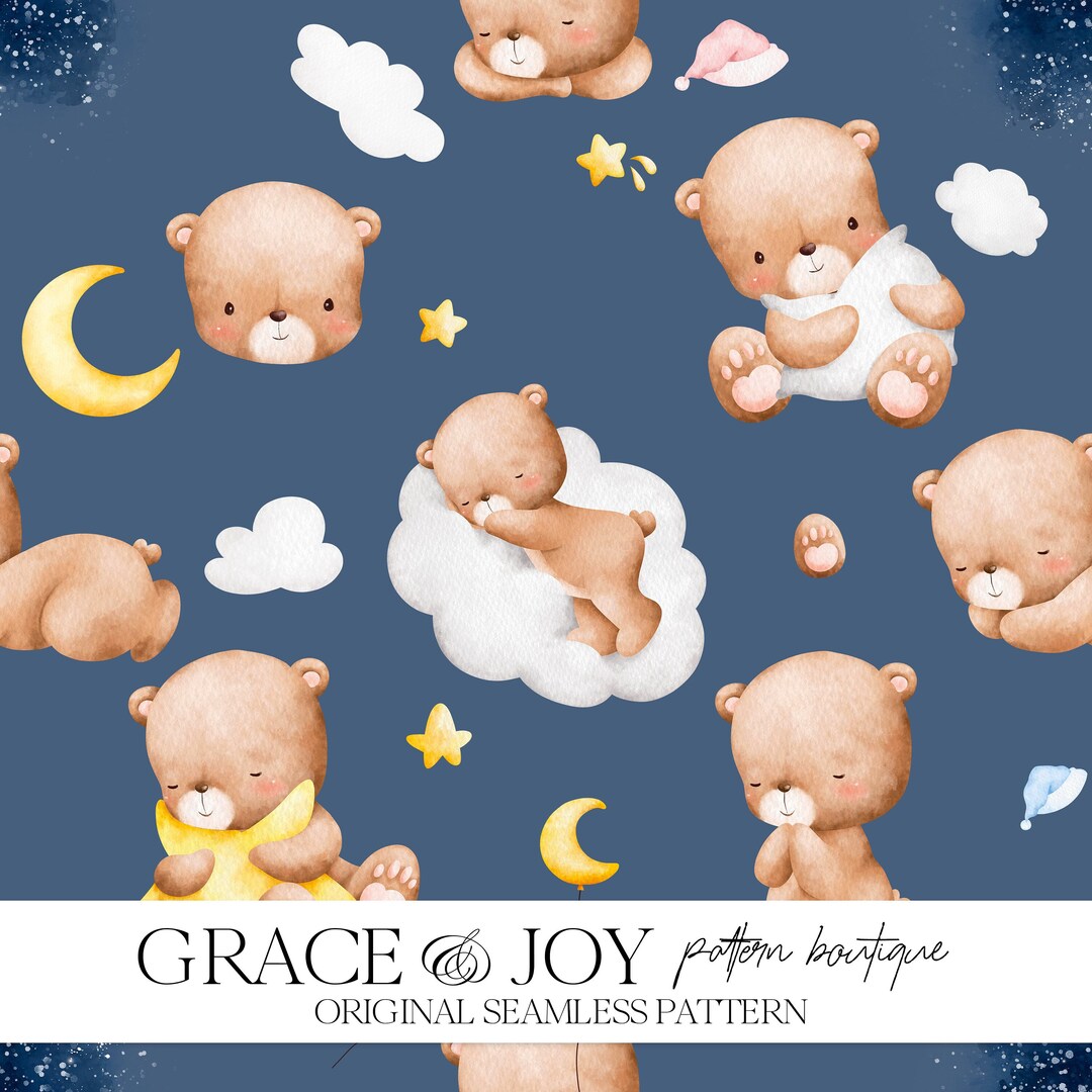 Cute Bear Sleeping on Cloud Nursery Seamless Pattern - Commercial Use ...