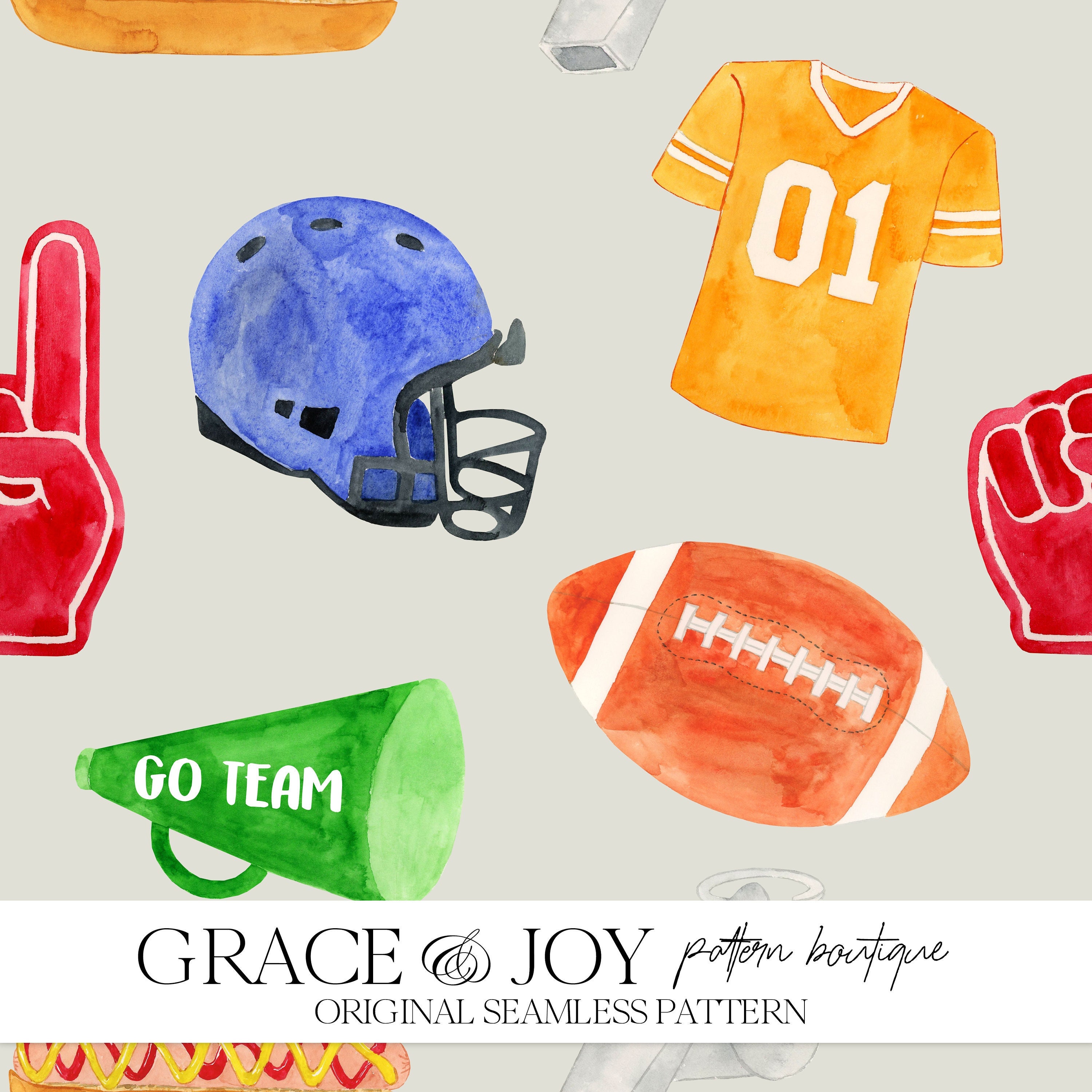 Watercolor Sports American Football Rugby Helmet Seamless Pattern - Athletic Vibe with Cute Helmets, Game Day Art & Team Spirit, Commercial