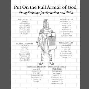 May include: Black and white illustration of a Roman soldier in armor, holding a sword and shield with a cross. Text includes "Put On the Full Armor of God" and scripture references for faith and protection.