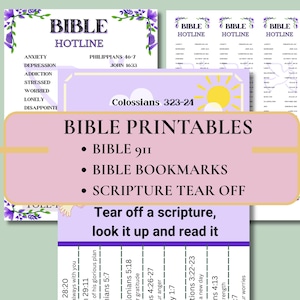 May include: A collection of Bible printables featuring a Bible Hotline sheet with floral accents, a Colossians 3:23-24 graphic, and a scripture tear-off sheet with the text: Tear off a scripture, look it up and read it, all in purple and white.