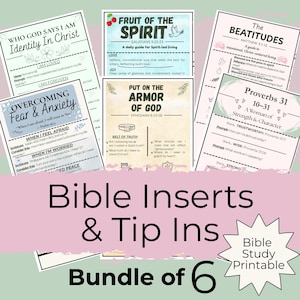 May include: A bundle of six Bible study printable inserts and tip-ins featuring various religious themes including Identity in Christ, Fruit of the Spirit, The Beatitudes, Overcoming Fear and Anxiety, Armor of God, and Proverbs 31 with text.