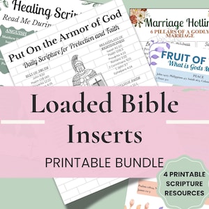 Può includere: Una raccolta di inserti biblici stampabili con vari riferimenti alle Scritture. Gli inserti presentano titoli come "Put On the Armor of God" e "Marriage Hotline". Il design include accenti floreali e una varietà di caratteri. Il pacchetto è etichettato "Loaded Bible Inserts".