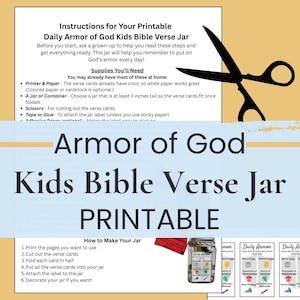 May include: Printable "Armor of God Kids Bible Verse Jar" instructions. Includes a list of supplies needed, such as paper, a jar, and scissors. The image also shows a jar with verse cards and a pair of scissors.