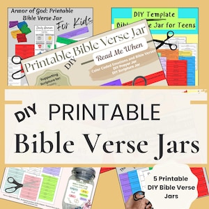 May include: A collection of DIY printable Bible verse jar templates featuring colourful paper strips, scissors, and instructional sheets. The text includes "DIY Printable Bible Verse Jars," "Armor of God," "Read Me When," and "5 Printable DIY Bible Verse Jars."