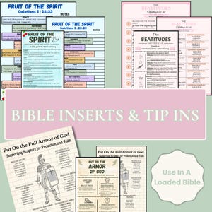 May include: A collection of printed Bible inserts and tip-ins featuring religious themes including Fruit of the Spirit, The Beatitudes, and The Full Armor of God. The pages contain text, scripture references, and illustrations of a soldier in armor.