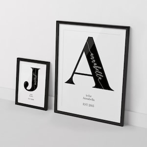 Impresión inicial personalizada, arte de monograma de letras del alfabeto, impresión tipográfica de letras monocromáticas, regalo de bautizo, regalo de bebé nuevo, regalo de guardería