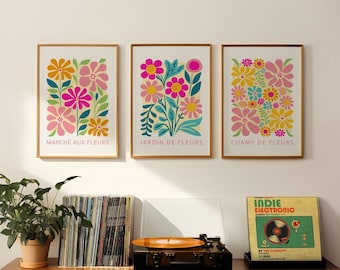 Retro Flower Market Wall Print Set, Abstract Bright Flower Poster, French Flower Print, Floral Wall Decor, Colourful Flower Botanical Print