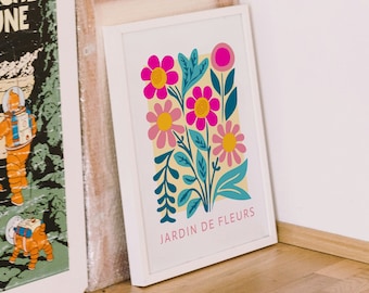 Retro Flower Garden Wall Art Print, Abstract Bright Flower Poster, French Flower Print, Floral Wall Decor, Colourful Flower Botanical Print