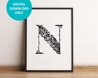 Floral Letter N Monogram Print, Kids Nursery Wall Art (Digital Download)
