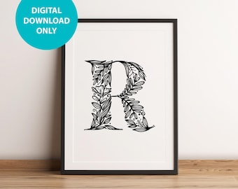 Floral Letter R Monogram Print, Kids Nursery Wall Art (Digital Download)