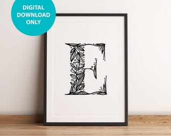 Floral Letter E Monogram Print, Kids Nursery Wall Art (Digital Download)