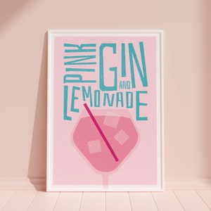 Impresión de arte de cóctel de ginebra rosa, arte de bar casero, cartel de cóctel de cocina, regalo de mixología, cartel de cocina de ginebra rosa y limonada, arte estilo risógrafo