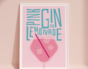 Pink Gin Cocktail Art Print, Home Bar Art, Kitchen Cocktail Poster, Mixology gift, Pink Gin and Lemonade Kitchen Poster, Risograph Style Art