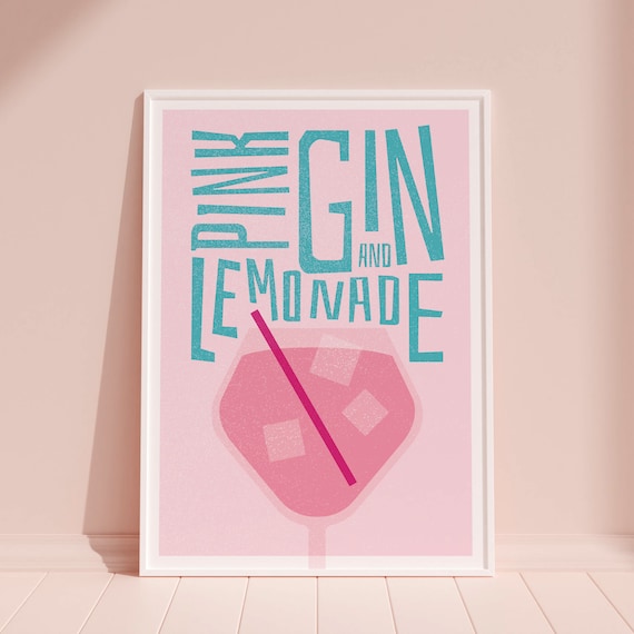Pink Gin Cocktail Art Print, Home Bar Art, Kitchen Cocktail Poster, Mixology gift, Pink Gin and Lemonade Kitchen Poster, Risograph Style Art