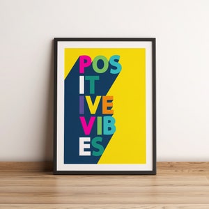 Impressão de arte de palavra de vibrações positivas de arco-íris brilhante, impressão tipográfica, citação motivacional, impressão inspiradora, impressão sem moldura de cor de arco-íris