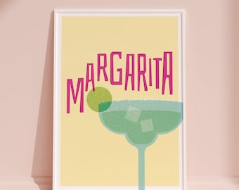 Margarita Cocktail Print, Margarita Home Bar Art, Kitchen Cocktail Poster, Mixology gift, Margarita Kitchen Decor, Risograph Style Art