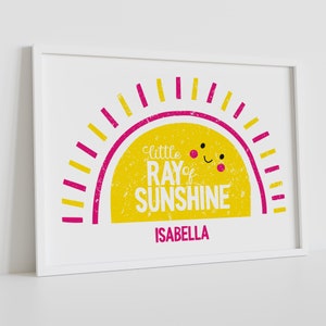 Little Ray of Sunshine Typographic Art Print, Nursery Wall Letter Art, Kids Bedroom Print, New Baby Gift, Personalised Sunshine Print Pink