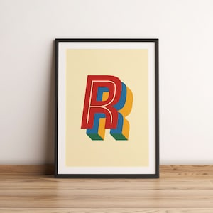 Impresión artística personalizada con monograma de letras iniciales en negrita retro vintage, impresión de letras del alfabeto con monograma de color vintage, impresión artística A5, A4 y A3