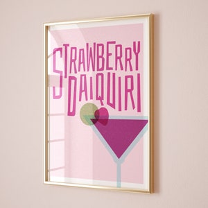 Strawberry Daiquiri Cocktail Print, Home Bar Art, Kitchen Cocktail Poster, Mixology gift, Daiquiri Kitchen Wall Decor, Risograph Style Art