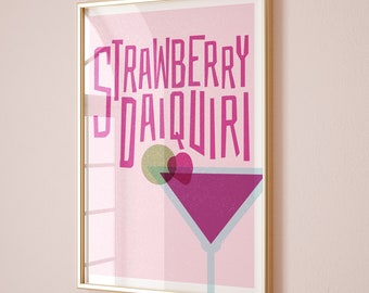 Strawberry Daiquiri Cocktail Print, Home Bar Art, Kitchen Cocktail Poster, Mixology gift, Daiquiri Kitchen Wall Decor, Risograph Style Art