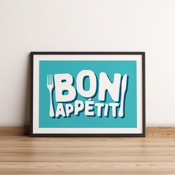 Bon Appétit vibrant French kitchen typographic art print, Colourful kitchen decor, Dining room wall art, Foodie gift, French quote poster