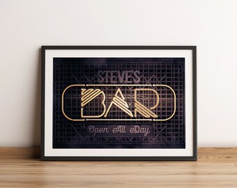 Personalised Neon Bar Art Print, Neon Typography Print, Garden Bar Wall Art, Art Deco Style Bar Print, Fathers Day Gift, Birthday Gift