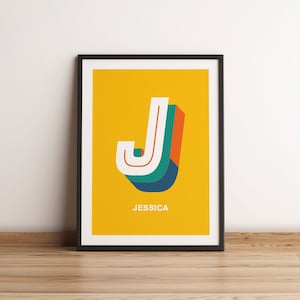 Impresión artística personalizada con letras iniciales llamativas y brillantes, monograma, impresión de letras del alfabeto, opciones de combinación de colores múltiples, impresión artística A5, A4 y A3