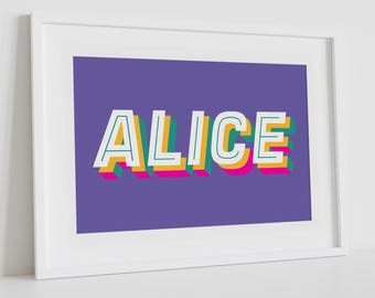 Child's Personalised Name Letter Art Print, Custom Colourful Name Alphabet Letter Print, Kids Bedroom Nursery Art Poster, Retro Name Print