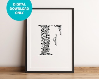Floral Letter F Monogram Print, Kids Nursery Playroom Wall Art (Digital Download)
