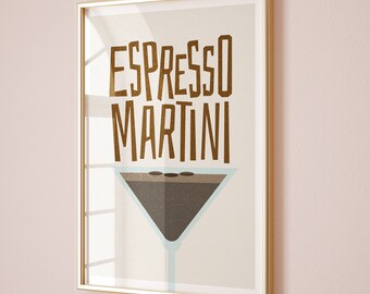 Espresso Martini Cocktail Print, Home Bar Art, Kitchen Cocktail Poster, Mixology gift, Espresso Martini Kitchen Decor, Risograph Style Art