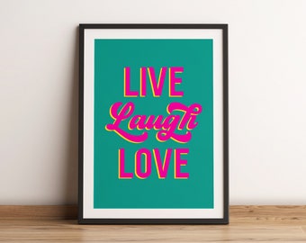 Live Laugh Love Retro Style Word Art Print Groen, Typografische Wall Art, Motiverende Citaat Poster, Inspirerende Print, Fun Wall Art Decor