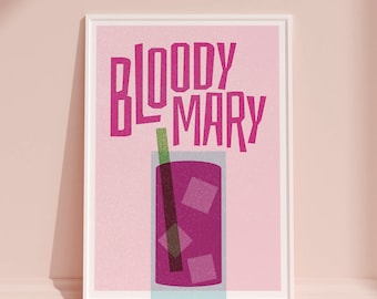 Bloody Mary Cocktail Art Print, Home Bar Art, Kitchen Cocktail Poster, Mixology gift, Classic Cocktail Kitchen Poster, Risograph Style Art