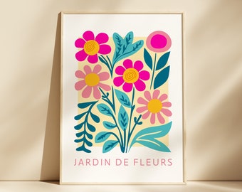 Retro Flower Garden Wall Art Print, Abstract Bright Flower Poster, French Flower Print, Floral Wall Decor, Colourful Flower Botanical Print