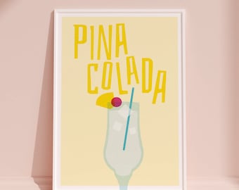 Pina Colada Cocktail Print, Home Bar Art, Kitchen Cocktail Poster, Mixology gift, Pina Colada Kitchen Wall Decor, Risograph Style Art Print