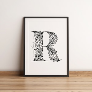Impressão inicial floral personalizada | Arte de letras | Monograma | Alfabeto | Letra monocromática | Impressão tipográfica | Batizado, Novo bebê, Berçário
