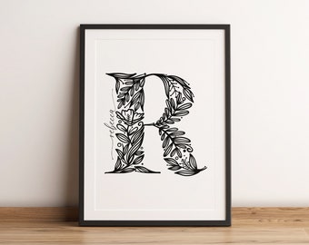 Personalized Floral Letter Print | Initial Monogram Art