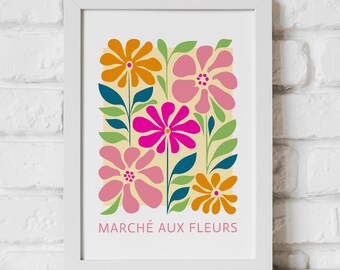 Retro Flower Market Wall Art Print, Abstract Bright Flower Poster, French Flower Print, Floral Wall Decor, Colourful Flower Botanical Print