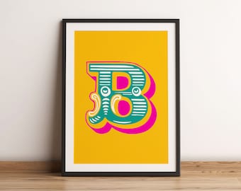 Heldere, gedurfde carnaval eerste letter Art Print, Circus Monogram, alfabet letter print, 5 kleuropties, A5, A4 en A3 Art Print