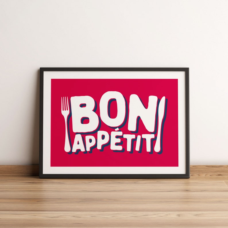 Bon Appetit Print, Kitchen Poster, Foodie Gift, Culinary Art Poster Print, French Wall Decor, French Quote Print, Housewarming Food Art Pinky Red