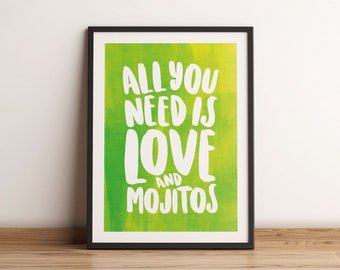 Mojito Cocktail Bright Wall Art Print, stampa artistica tipografica a tema drink, arte murale classica per cocktail bar, arredamento da cucina, arredamento artistico per bar di casa