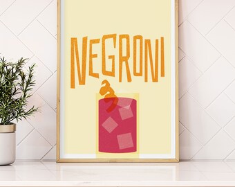 Negroni Cocktail Art Print, Home Bar Art, Kitchen Cocktail Poster, Mixology gift, Negroni Cocktail Kitchen Poster, Risograph Style Art