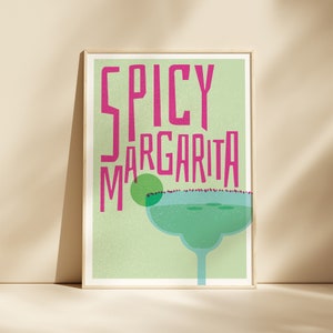 Impresión de cóctel Margarita picante, Arte del bar casero, Cartel de cóctel de cocina, Regalo de mixología, Decoración de cocina Margarita picante, Arte estilo risógrafo