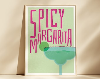 Spicy Margarita Cocktail Print, Home Bar Art, Kitchen Cocktail Poster, Mixology gift, Spicy Margarita Kitchen Decor, Risograph Style Art